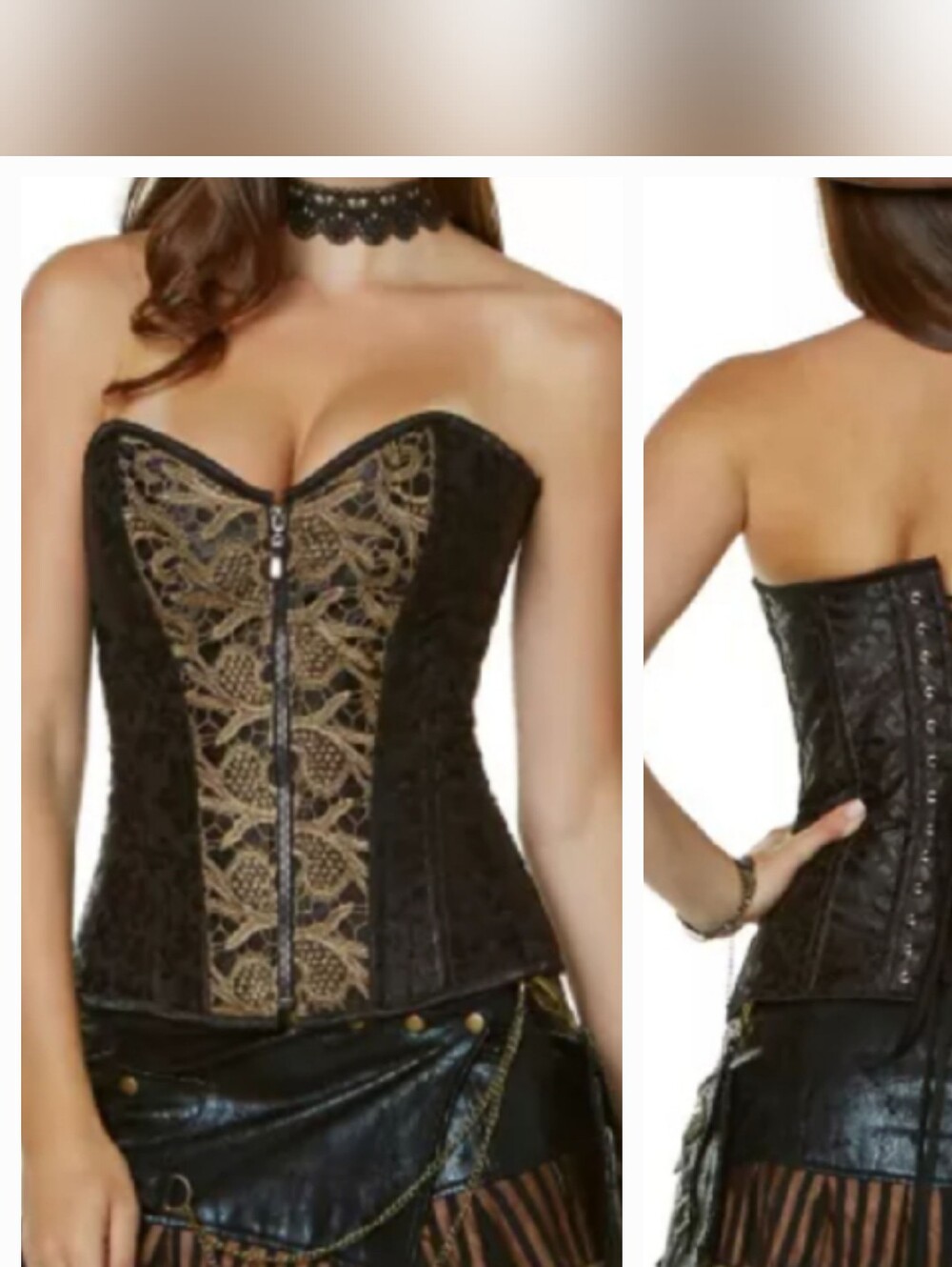 NEW SPIRIT BUSTIER CORSET BLACK GOLD LACE ZIPPER FRONT STEAMPUNK WOMEN'S LARGE